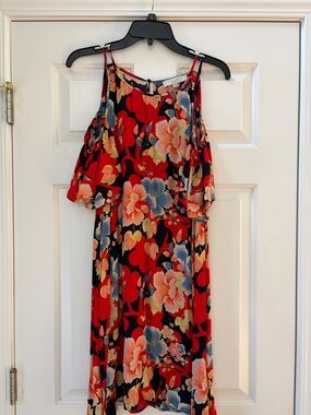 LOFT Red Multi Floral Scoop-Neck Dress